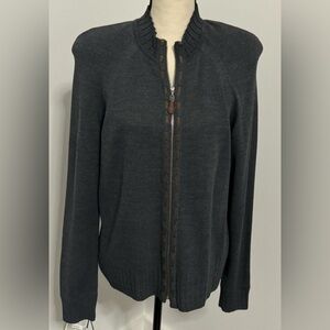 EUC St. John Gray Full Zipper Cardigan With Brown Leather Stitch - Size L